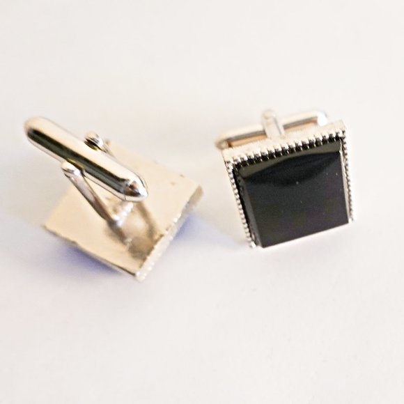 Vintage Modern Minimalistic Black Onyx Jeweled  SilverTone Cufflinks - Picture 1 of 1